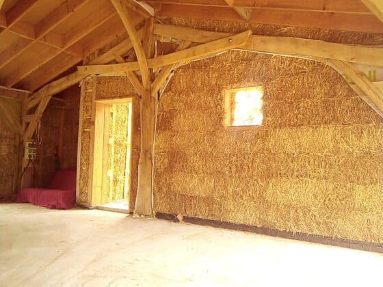 Charpente apparente devant la paille
