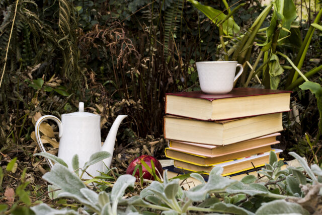 front-view-fall-season-arrangement-with-books-tea-pot